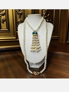 Kenneth Lane Pearl Sapphire Emerald Enamel Pearl Tassle Necklace